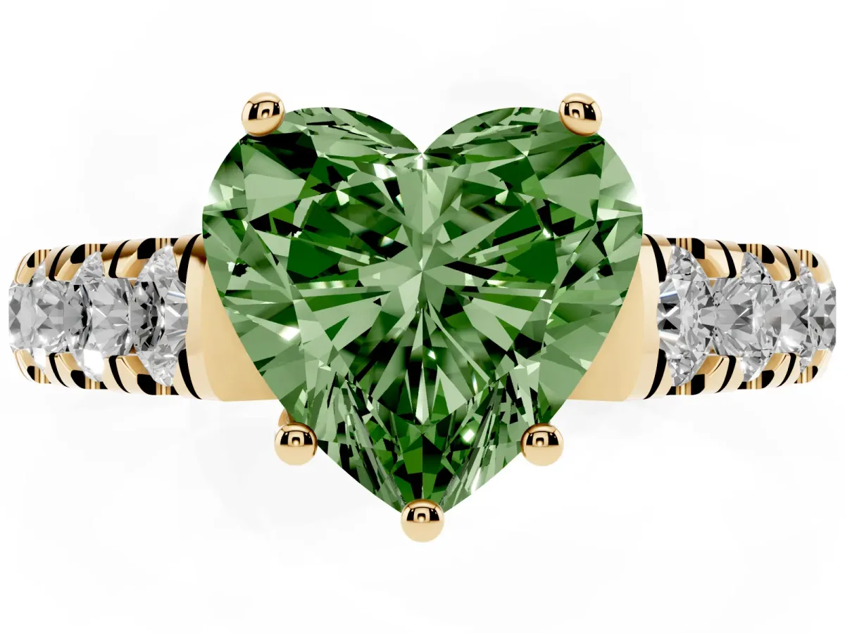 Fancy Green Heart Cut Cut Diamond Solitaire Ring with Micro Pave Band and Prong Setting Yellow gold