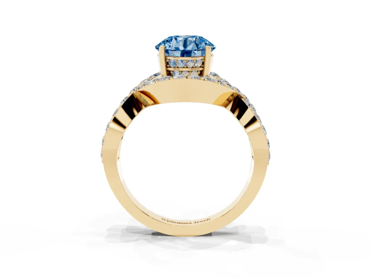 Fancy Blue Round Cut Solitaire Twist Band Pavé Diamond Engagement Ring Yellow gold