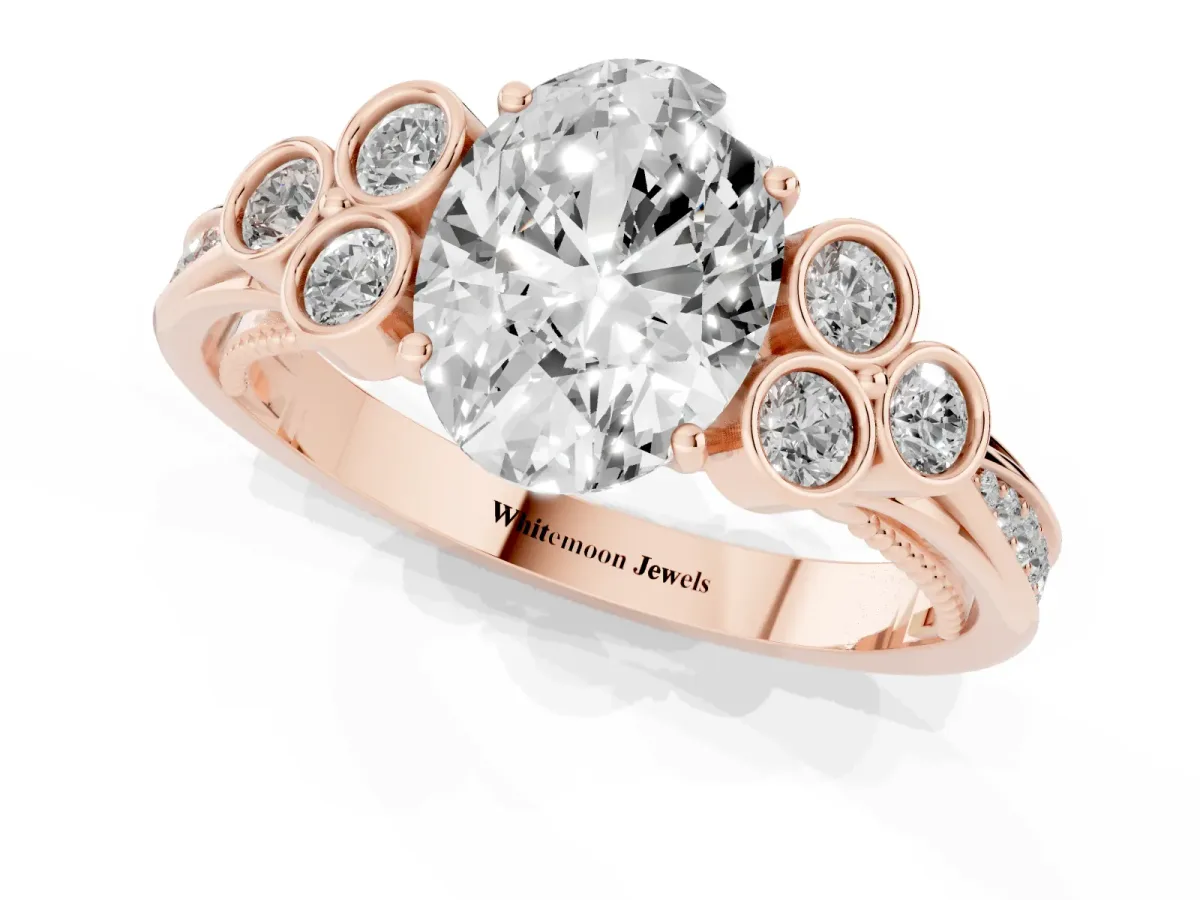 Oval Cut Cut Diamond Engagement Ring with Bezel Set Round Side Stones and Prong Setting Rose gold