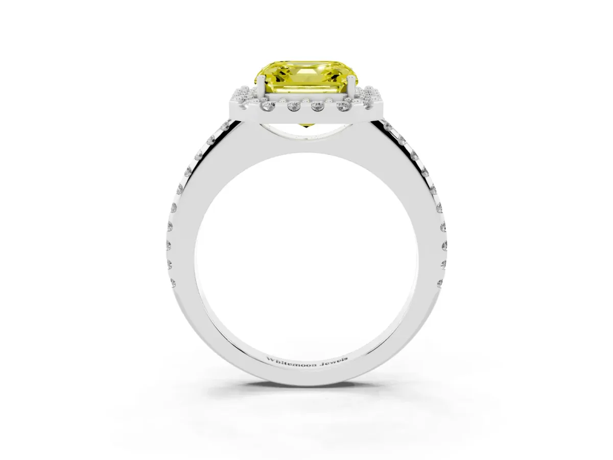 Fancy Yellow Asscher Cut Diamond Pavé Halo Ring with Four-Prong Setting Silver