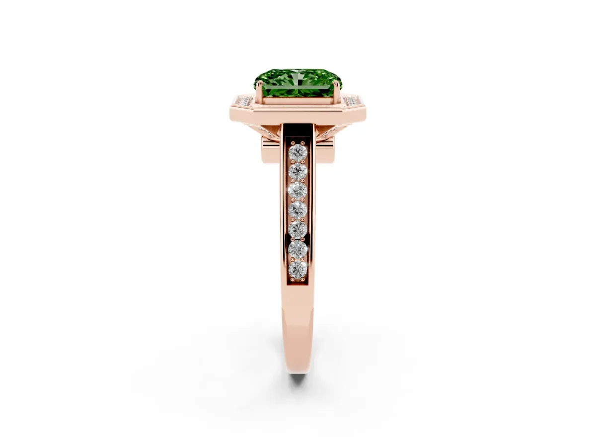 Fancy Green Emerald Cut Halo Solitaire Diamond Ring with Pave Band and Bezel Setting Rose gold