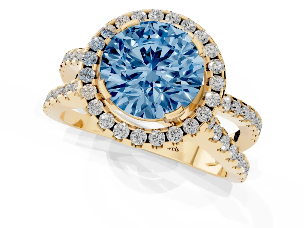 Fancy Blue Round Cut Diamond Halo Ring with Split Shank Pavé Band and Prong Setting Yellow gold
