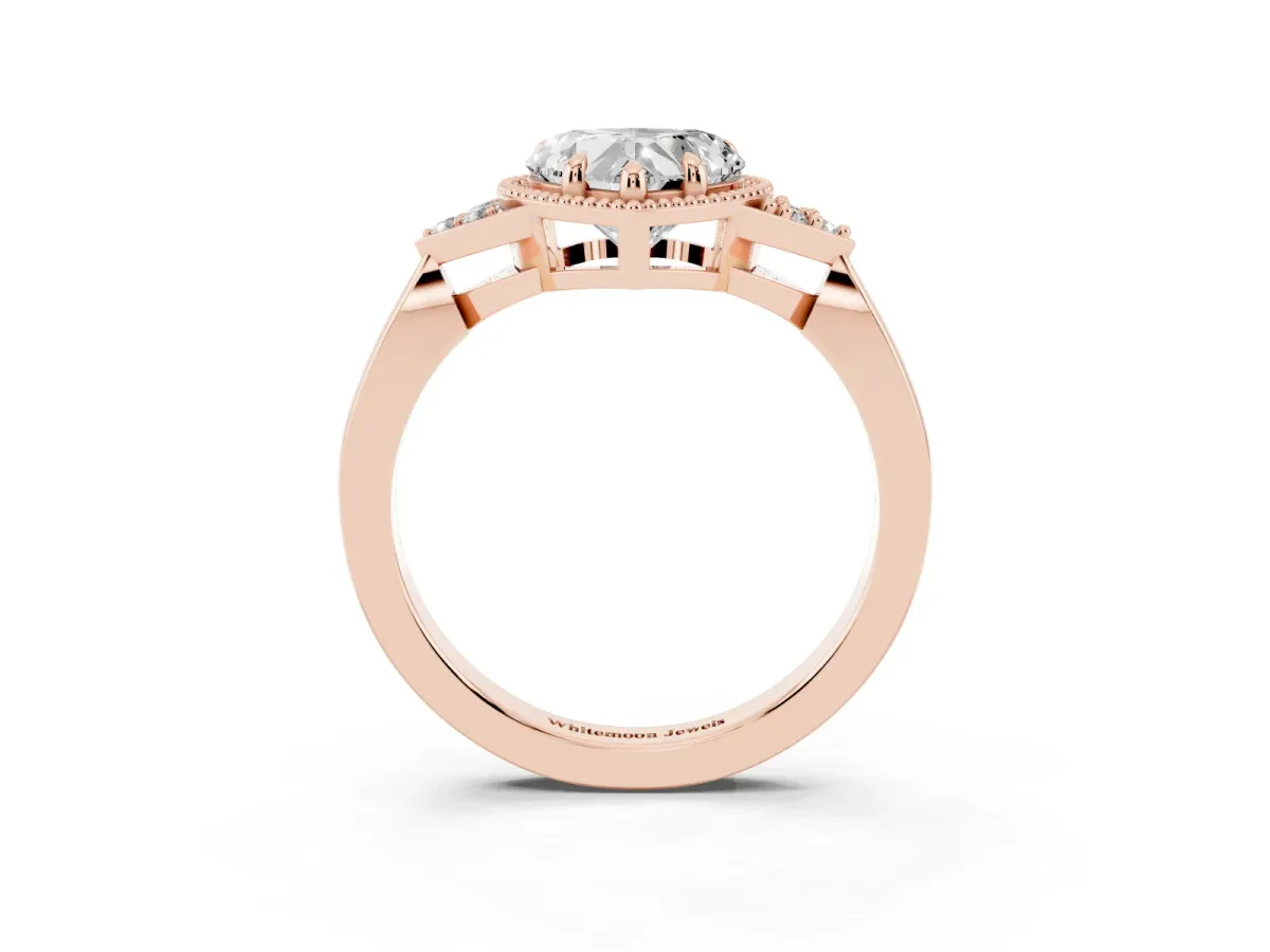 Hexagonal Halo Heart Cut Diamond Solitaire with Pavé Band and Four-Prong Setting Rose gold