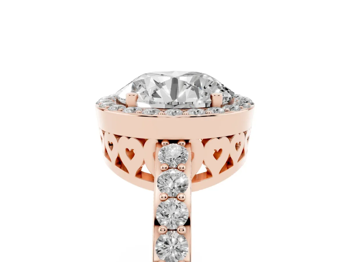 Round Cut Halo Diamond Pavé Band Ring with Prong Setting Rose gold