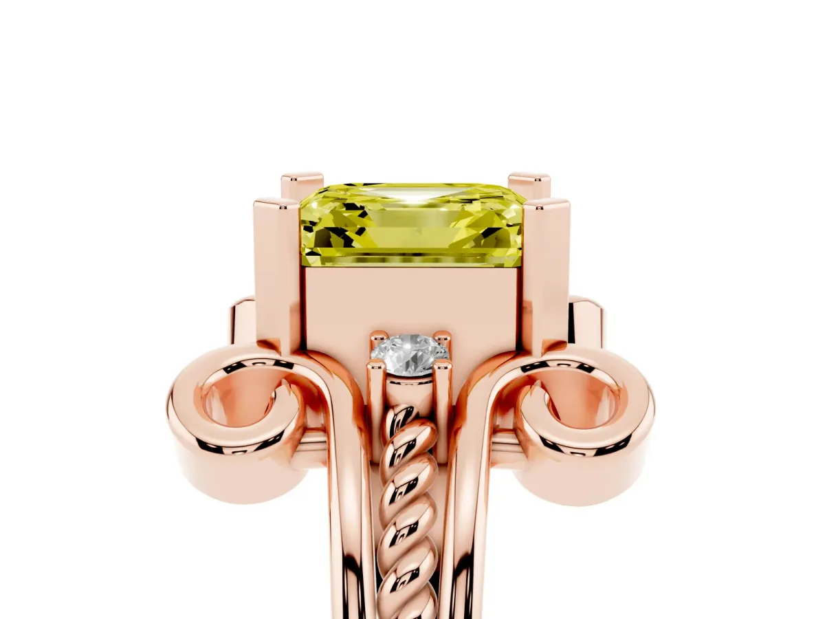 Fancy Yellow Asscher Cut Solitaire Twisted Band Scroll Prong Ring Rose gold