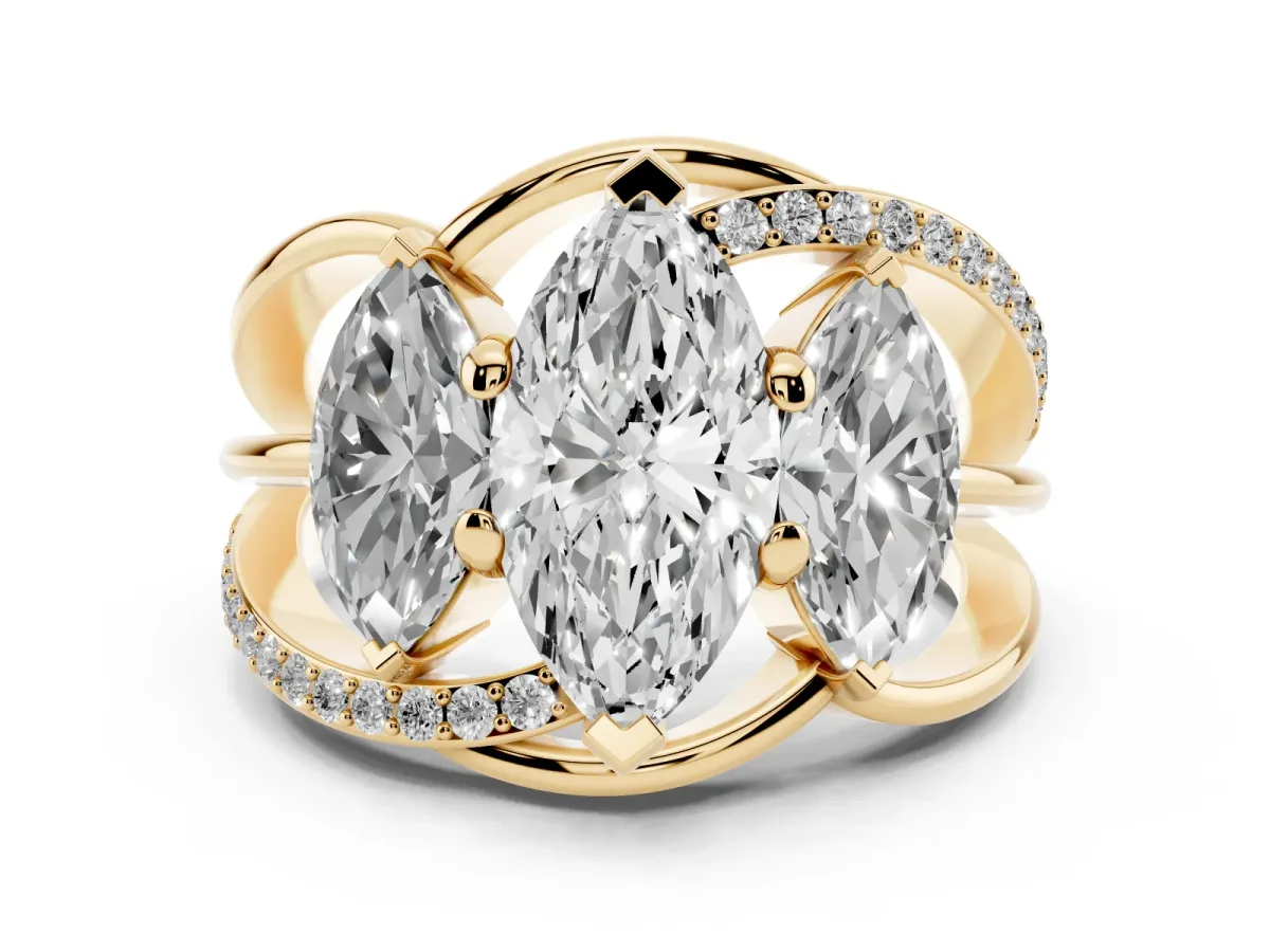 Three-Stone Marquise Cut Cut Diamond Split Shank Prong Set Ring Yellow gold