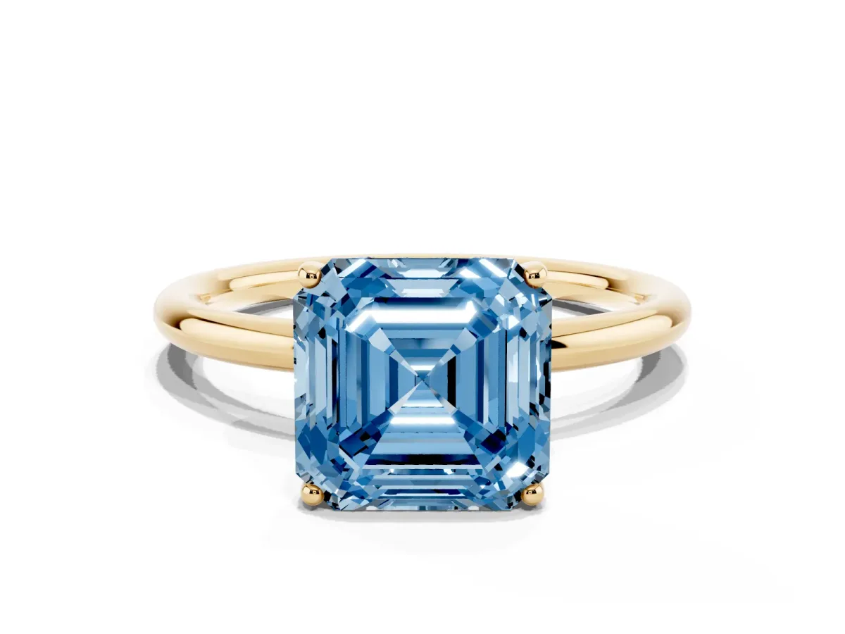 Fancy Blue Asscher Cut Solitaire Diamond Ring with a Classic Band and Four-Prong Setting Yellow gold