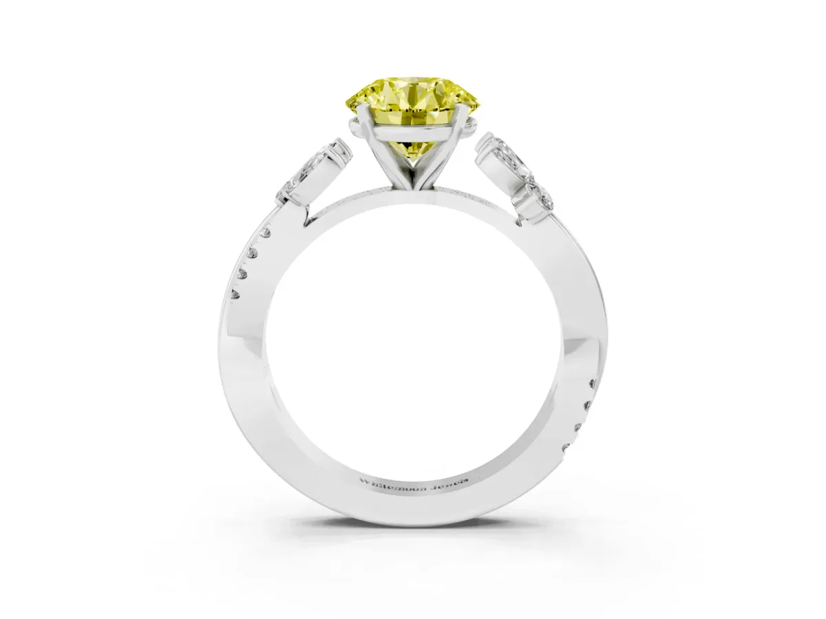 Fancy Yellow Round Cut Diamond Floral Vine Solitaire Engagement Ring Silver