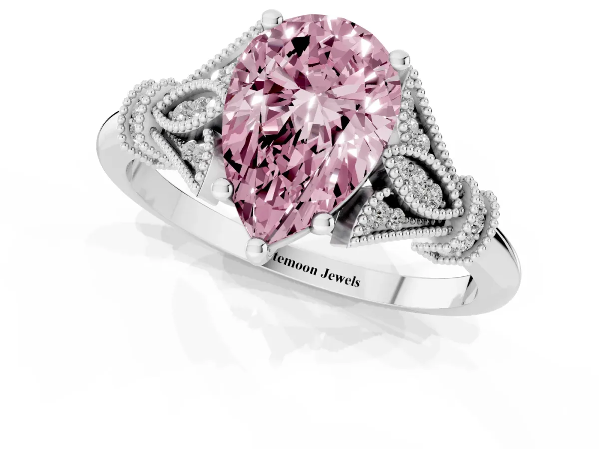 Fancy Pink Pear Cut Diamond Solitaire Ring with Floral Filigree and Pave Accents White gold