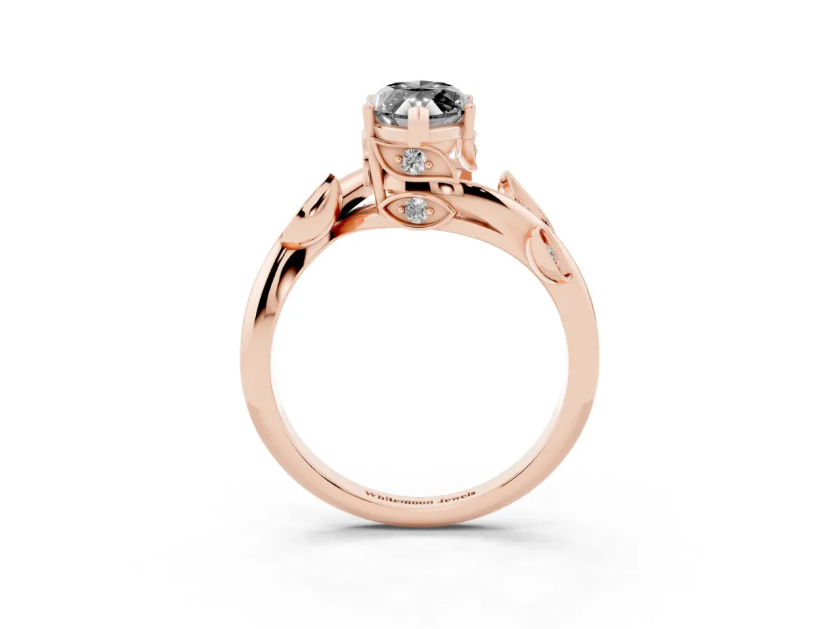Fancy Black Marquise Cut Solitaire Twist Engagement Ring with Leaf Accents and Prong Setting Rose gold