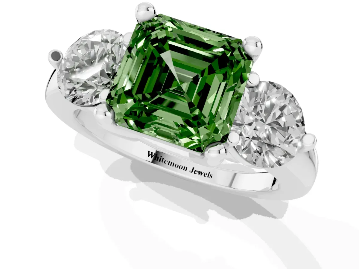 Fancy Green Three-Stone Asscher Cut Brilliant Cut Solitaire Ring with Prong Setting on a Classic Band White gold