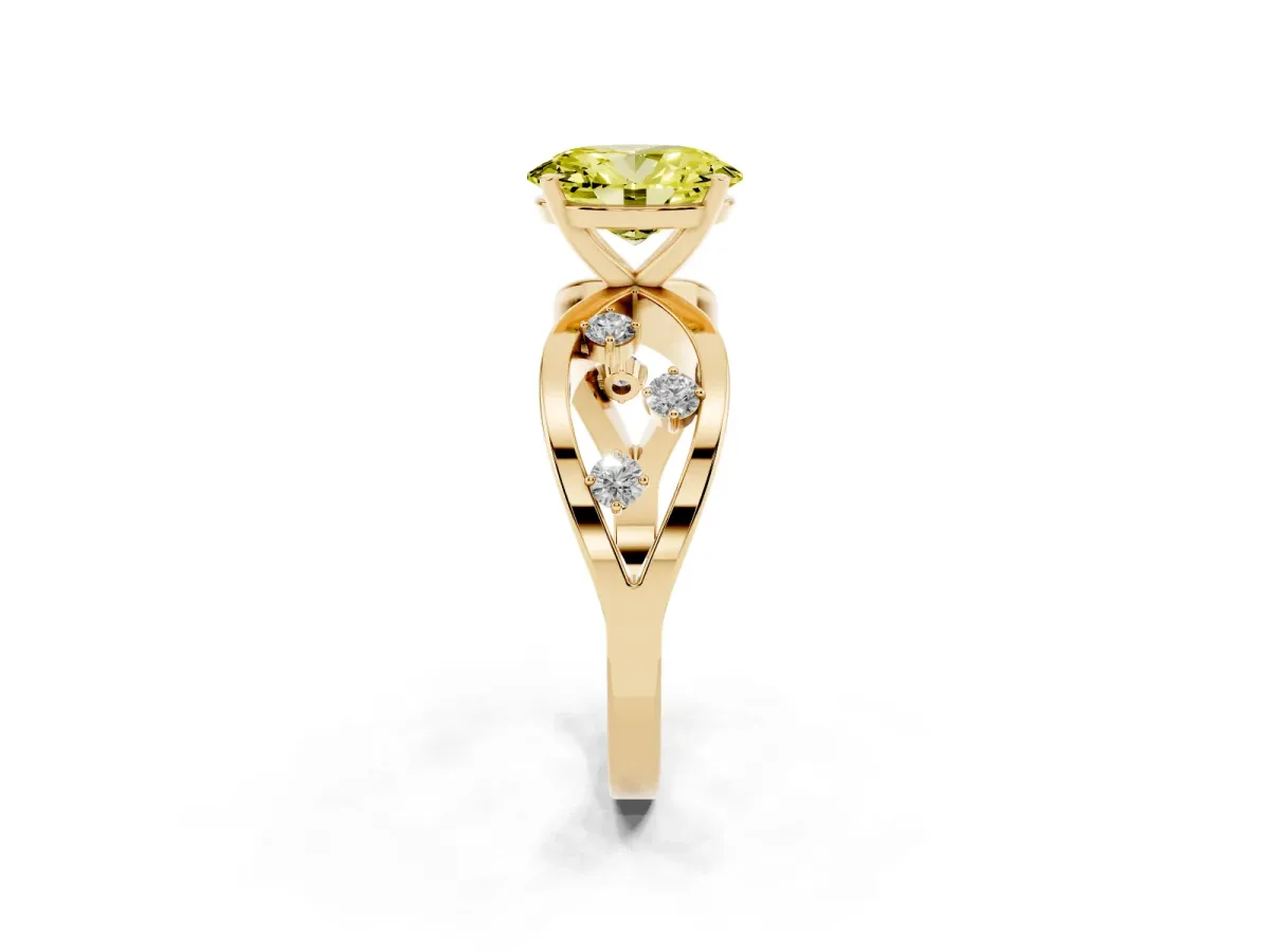 Fancy Yellow Oval Cut Cut Solitaire Diamond with Side Stones on Criss-Cross Band and Four-Prong Setting Yellow gold