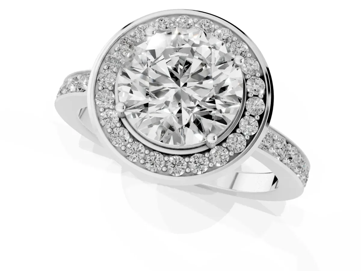Round Cut Diamond Halo Ring with Bezel Frame and Pavé Band Platinum