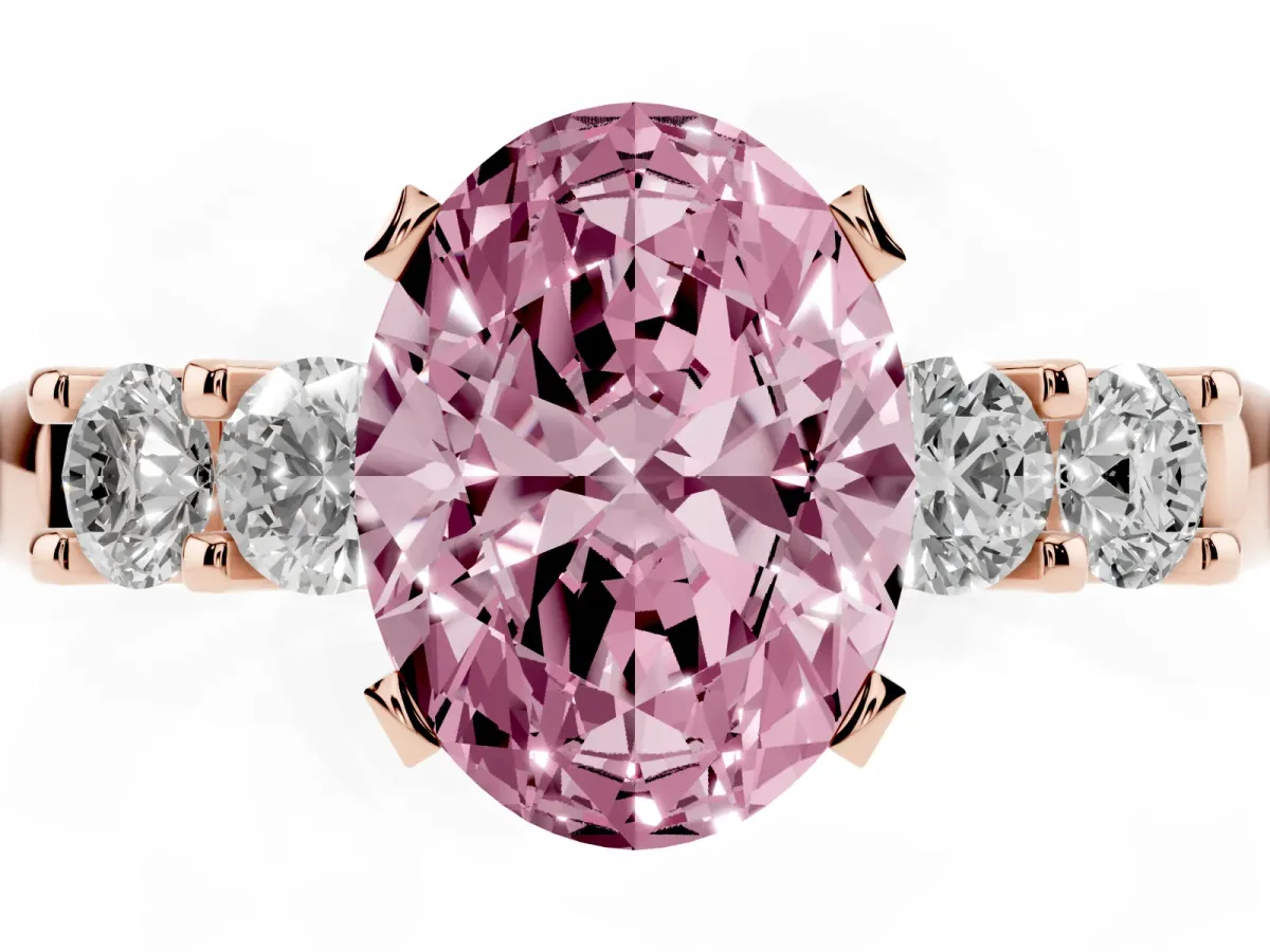 Fancy Pink Oval Cut Brilliant Cut Diamond Five-Stone Prong Set Engagement Ring with Channel Band Rose gold