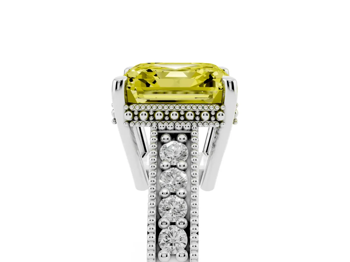 Fancy Yellow Asscher Cut Solitaire Pavé Diamond Milgrain Engagement Ring with Four-Prong Setting Silver