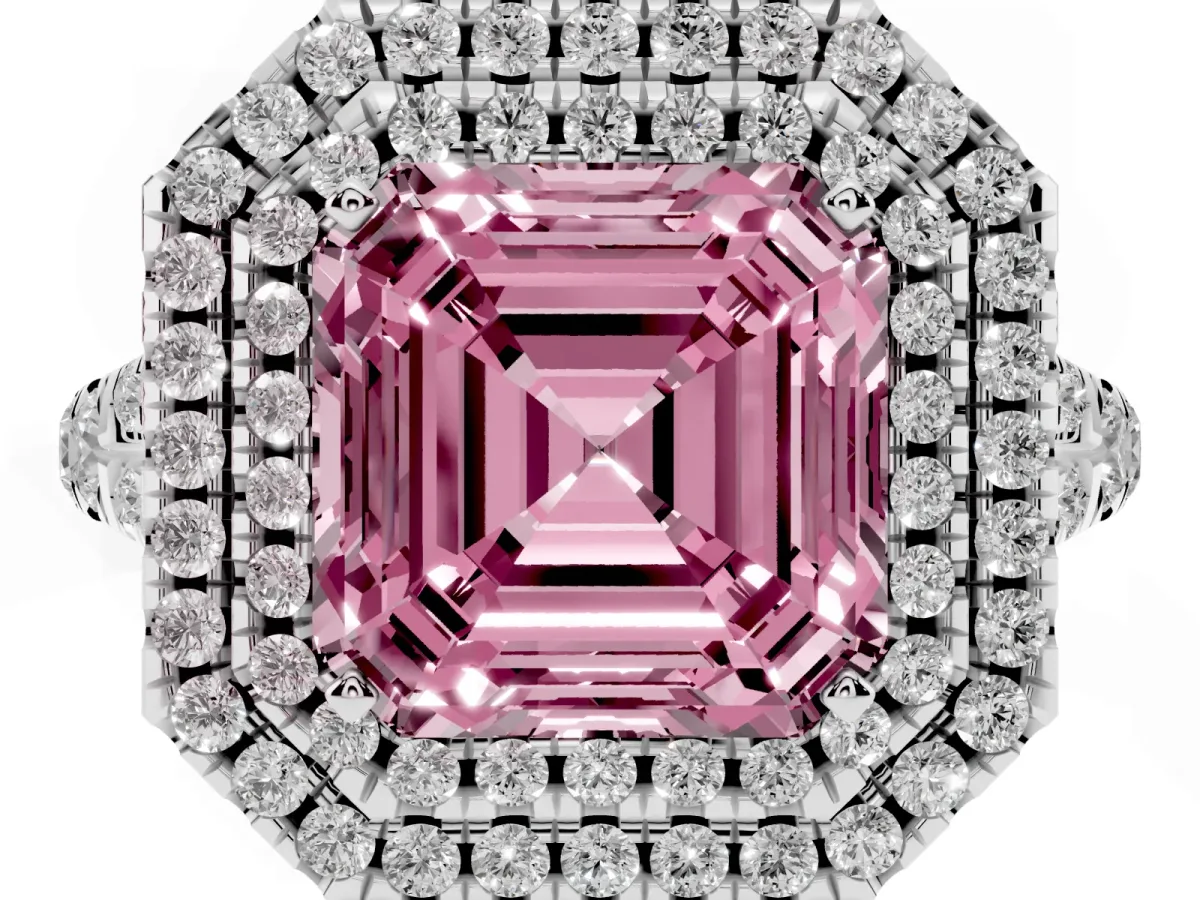 Fancy Pink Asscher Cut Diamond Pavé Split Shank Double Halo Engagement Ring Silver