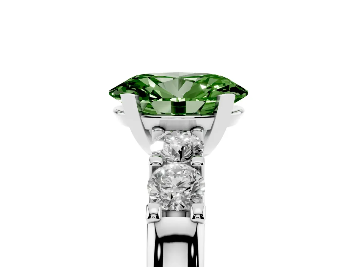 Fancy Green Oval Cut Brilliant Cut Diamond Five-Stone Prong Set Engagement Ring with Channel Band Silver