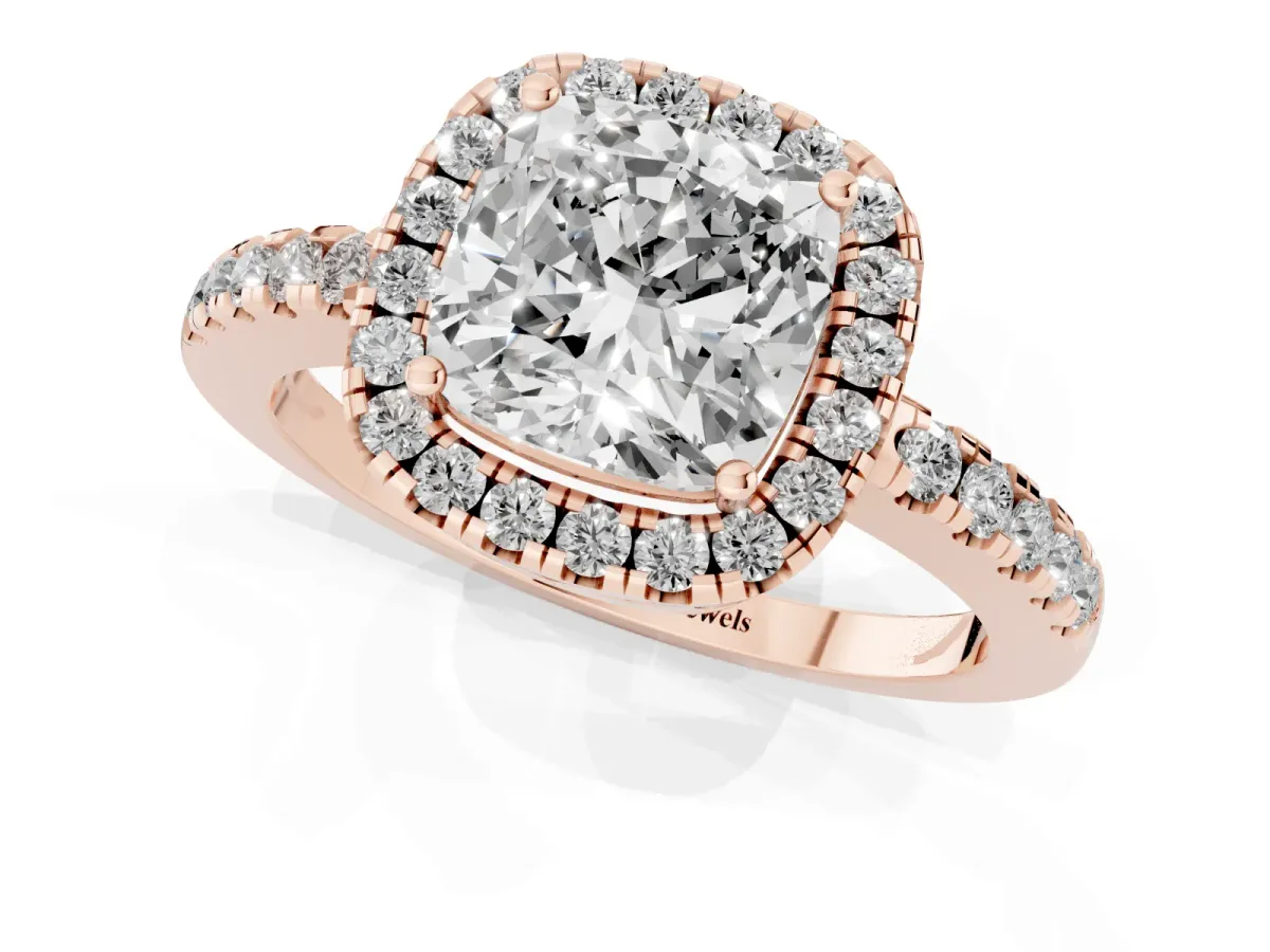 Cushion Cut Halo Diamond Engagement Ring with Pavé Band and Four-Prong Setting Rose gold