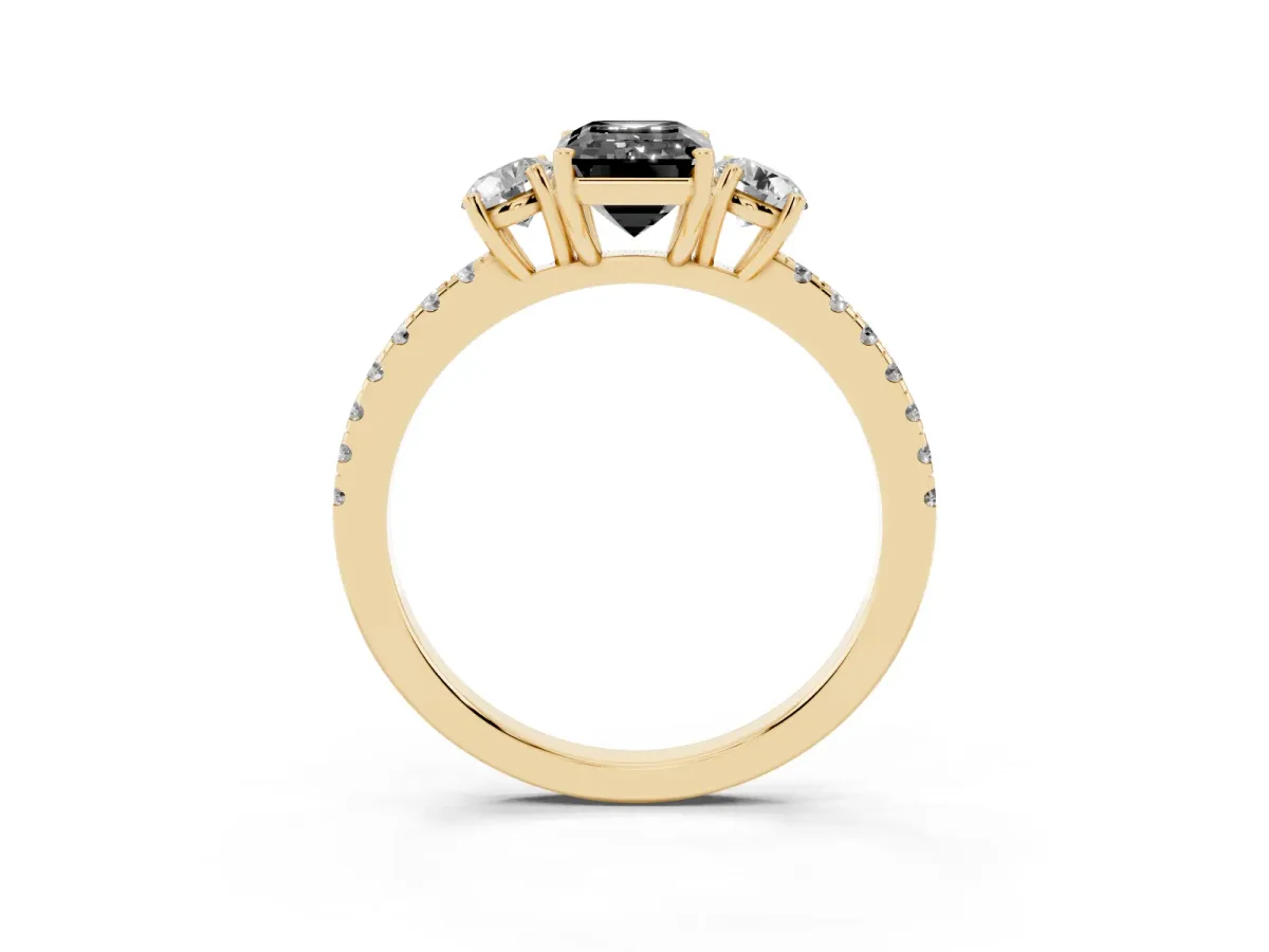 Fancy Black Three-Stone Emerald Cut Cut Diamond Pavé Band with Prong Setting Yellow gold