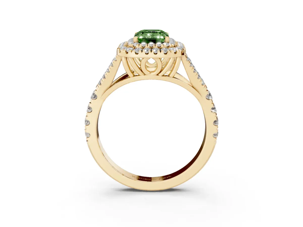 Fancy Green Emerald Cut Diamond Pavé Split Shank Double Halo Engagement Ring Yellow gold