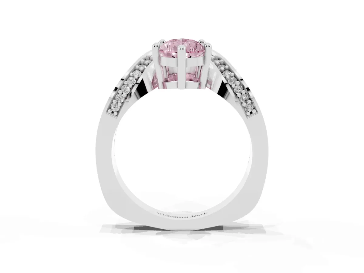 Fancy Pink Pear Cut Solitaire Diamond Engagement Ring with Pave Band and Four-Prong Setting Platinum