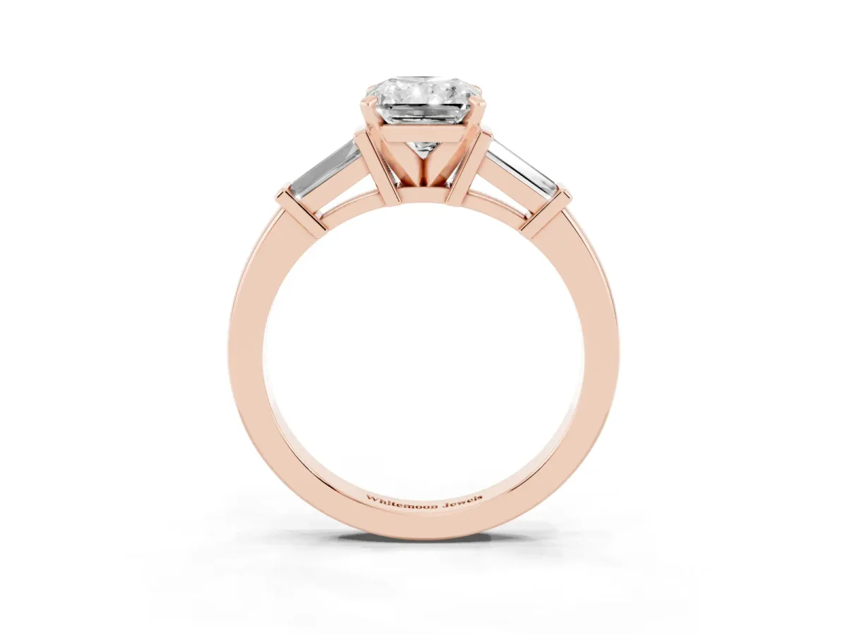 Radiant Cut Cut Diamond Solitaire Ring with Tapered Baguette Accents and Four-Prong Setting Rose gold