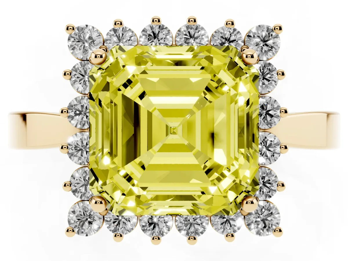 Fancy Yellow Asscher Cut Cut Diamond Halo Ring with Round Brilliant Halo and Solitaire Band Yellow gold