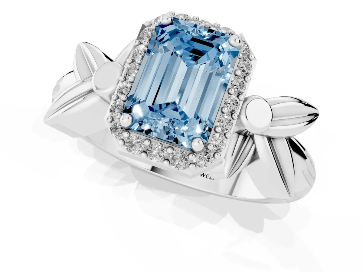 Fancy Blue Emerald Cut Halo Diamond Floral Band with Four-Prong Setting White gold