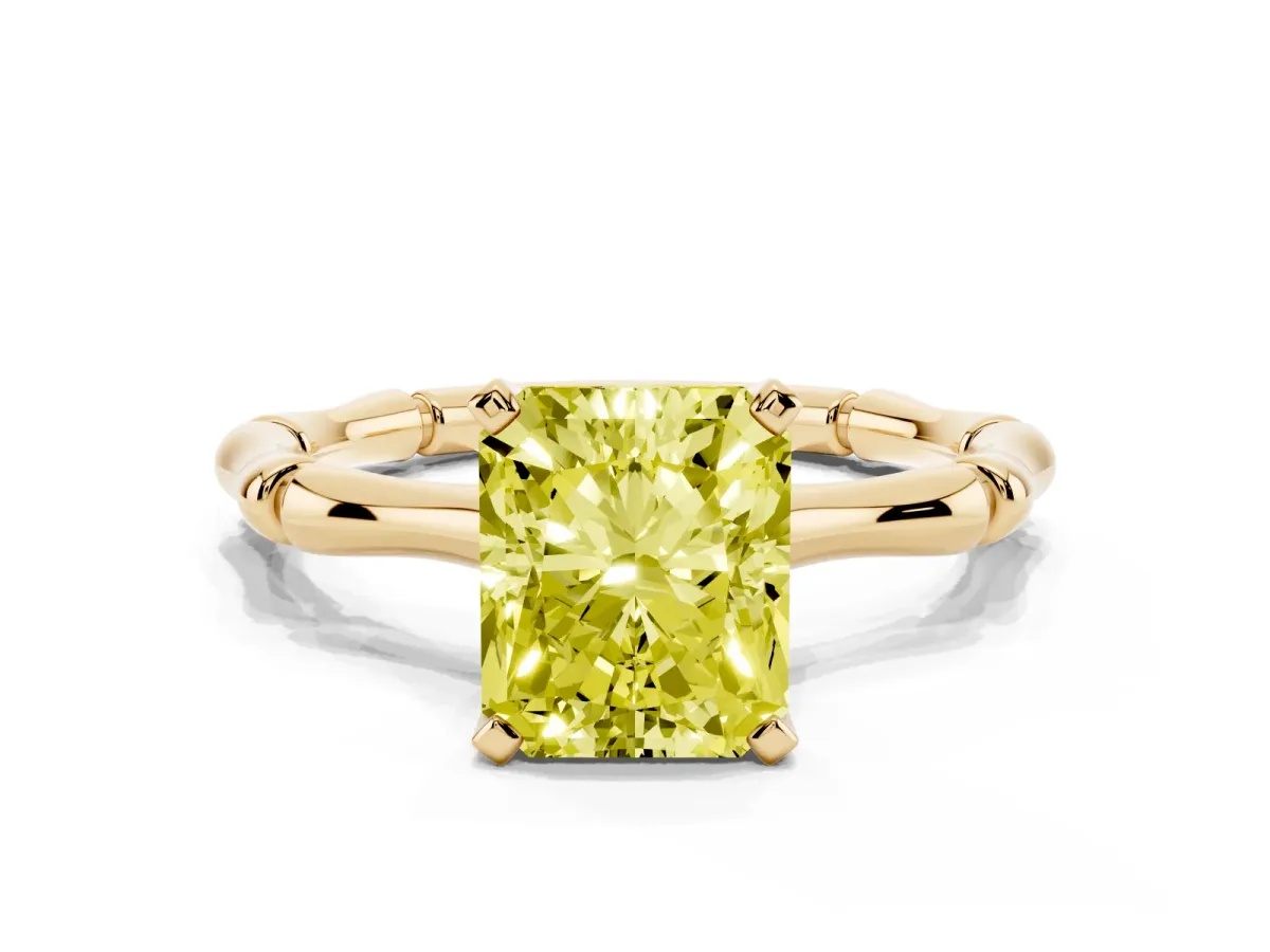 Fancy Yellow Radiant Cut Solitaire Diamond Ring with Bamboo Band and Four-Prong Setting Yellow gold