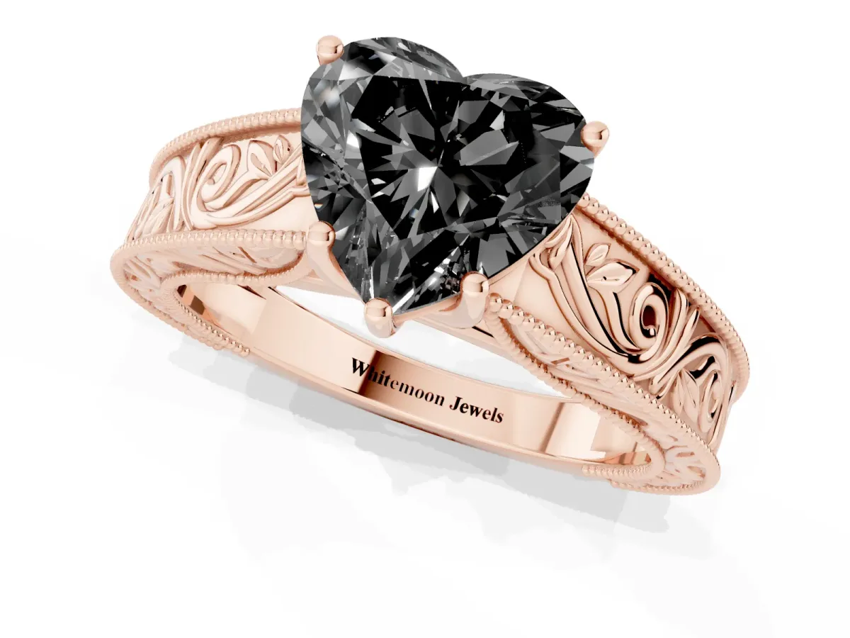 Fancy Black Heart Cut Diamond Solitaire Ring with Engraved Band and Four-Prong Setting Rose gold