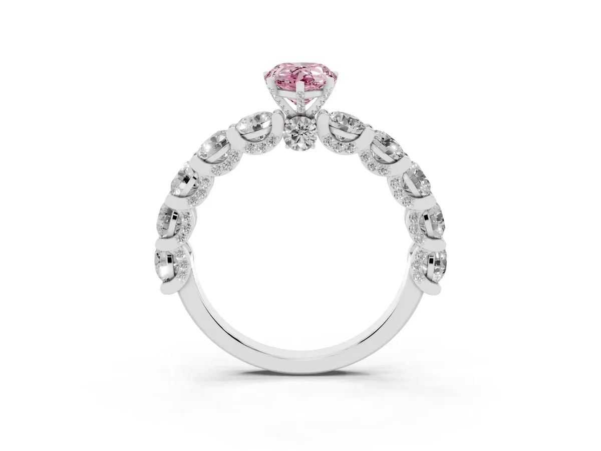 Fancy Pink Pear Cut Diamond Side Stone Engagement Ring with Four-Prong Setting Platinum