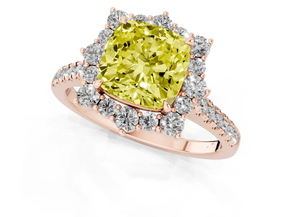 Fancy Yellow Cushion Cut Halo Diamond Ring with Pavé Band and Prong Setting Rose gold