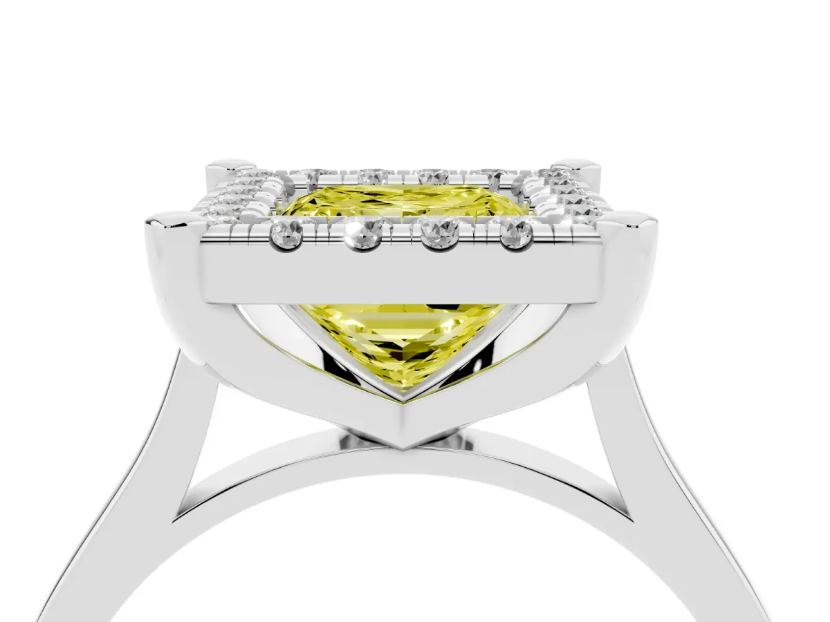 Fancy Yellow Princess Cut Diamond Cluster Halo Solitaire with Four-Prong Setting Silver