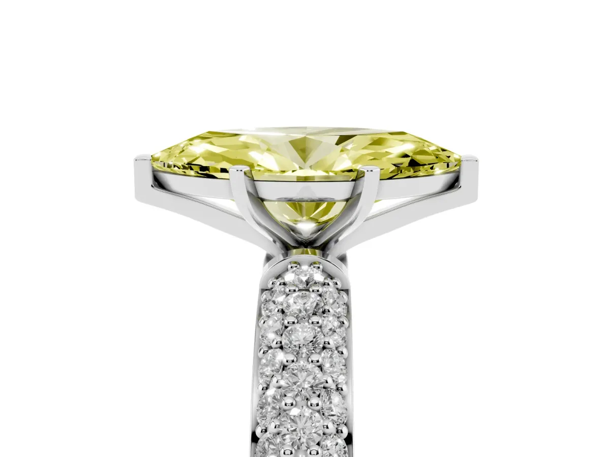 Fancy Yellow Marquise Cut Diamond Solitaire Ring with Prong Setting and Pavé Band Silver