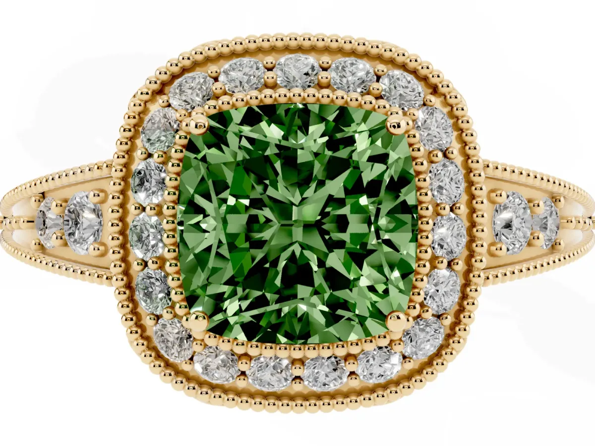 Fancy Green Cushion Cut Halo Diamond Split Shank Ring with Milgrain Detail Yellow gold