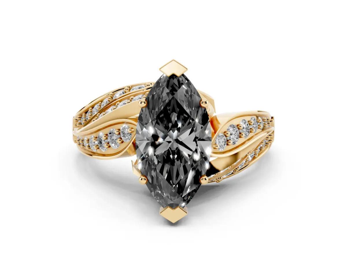 Fancy Black Marquise Cut Diamond Solitaire Ring with Prong Setting and Twisted Pavé Band Yellow gold