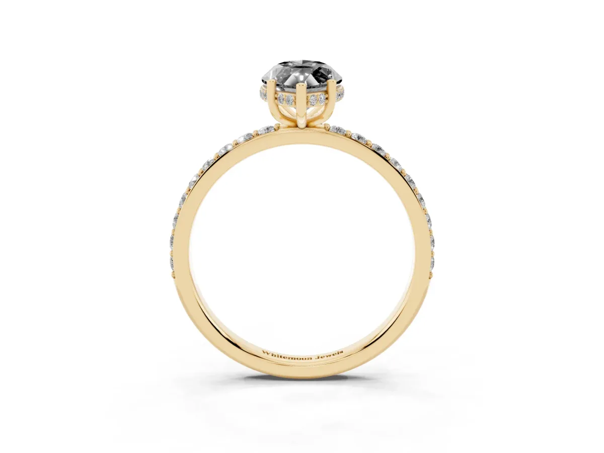 Fancy Black Marquise Cut Diamond Solitaire Ring with Pavé Band and Hidden Halo Yellow gold