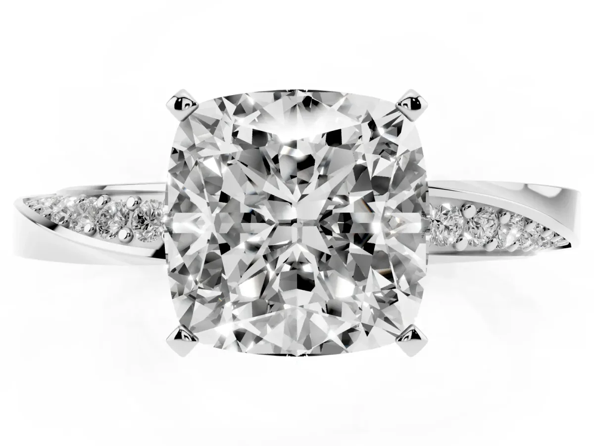 Cushion Cut Diamond Engagement Ring with Side Stone Accents and Four-Prong Setting Silver