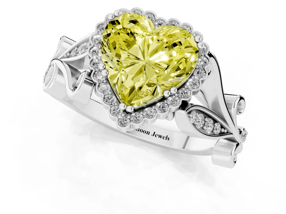 Fancy Yellow Heart Cut Diamond Halo Ring with Vintage Split Shank and Four-Prong Setting Silver