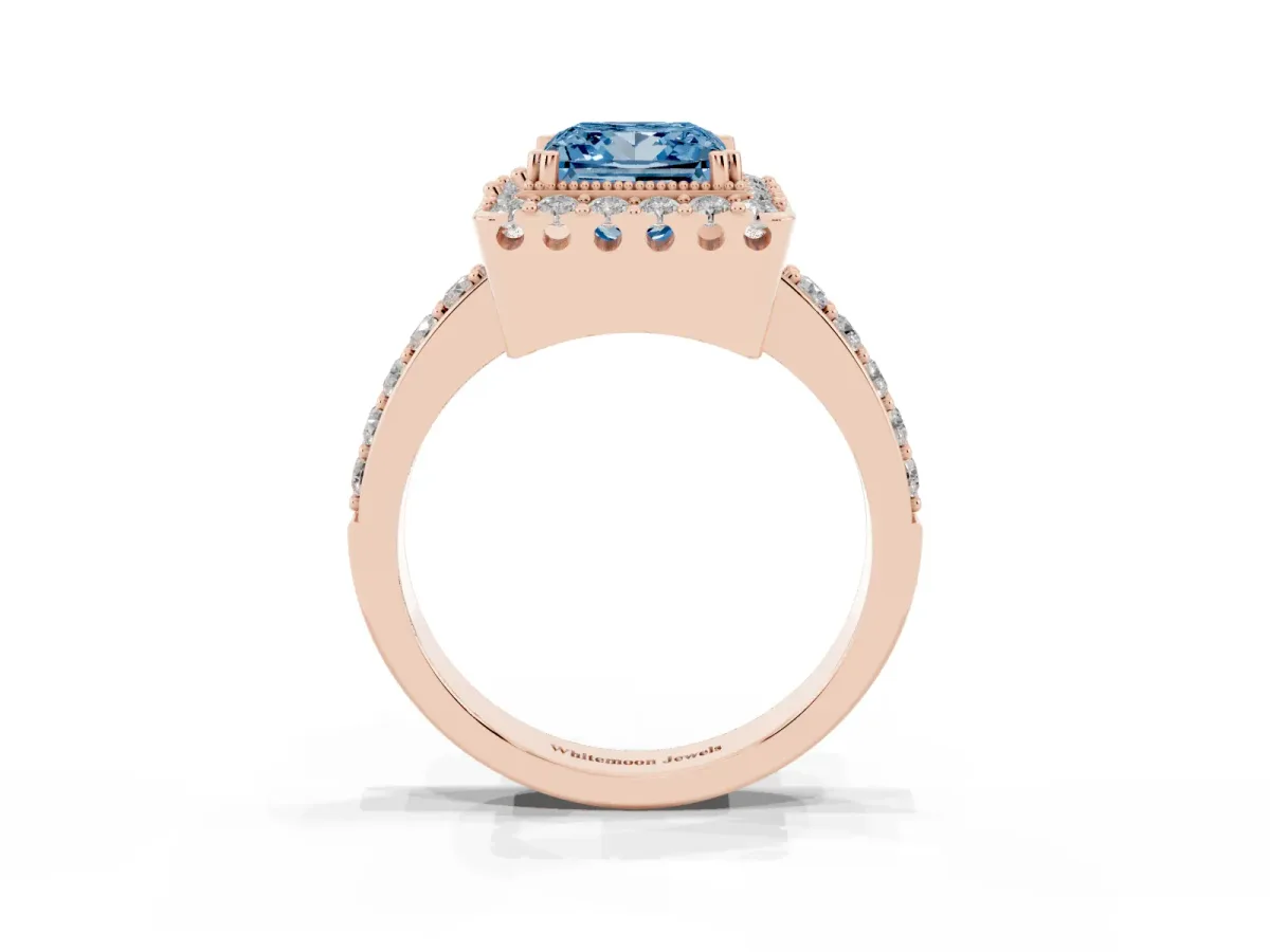 Fancy Blue Princess Cut Diamond Halo Ring with Pavé Band and Prong Setting Rose gold