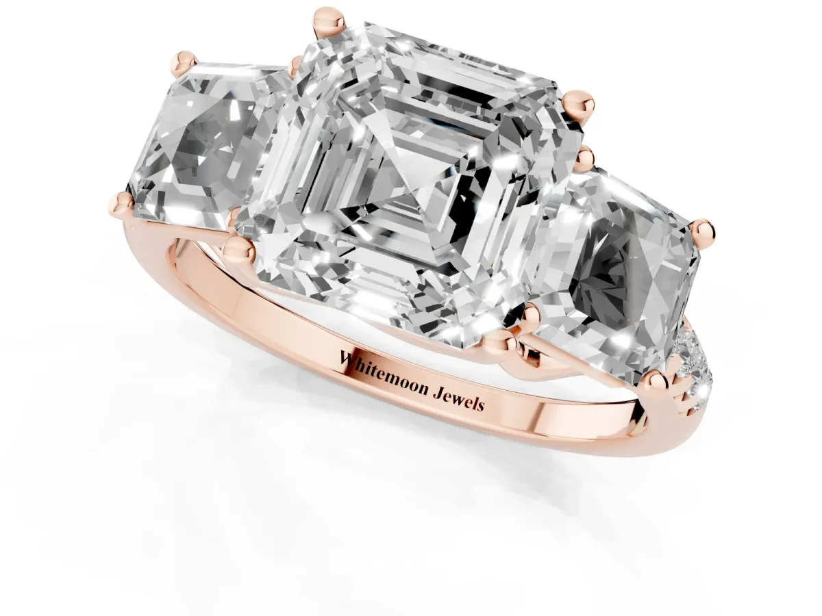 Three-Stone Asscher Cut Diamond Ring with Round Pavé Band and Prong Setting Rose gold
