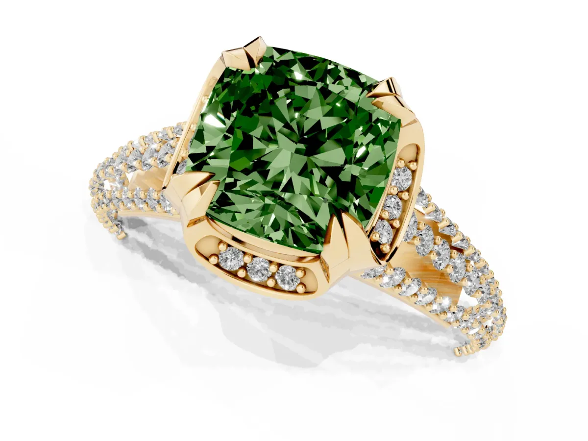 Fancy Green Cushion Cut Solitaire Pave Split Shank Ring with Four-Prong Setting Yellow gold
