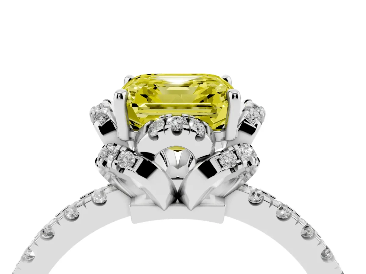 Fancy Yellow Asscher Cut Diamond Halo Pave Band with Four-Prong Setting Platinum