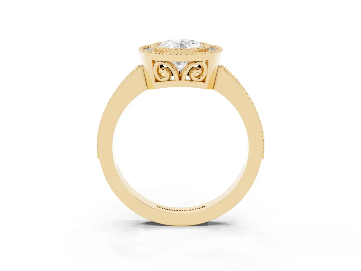 Oval Cut Cut Halo Diamond Ring with Pavé Band and Milgrain Prong Setting Yellow gold