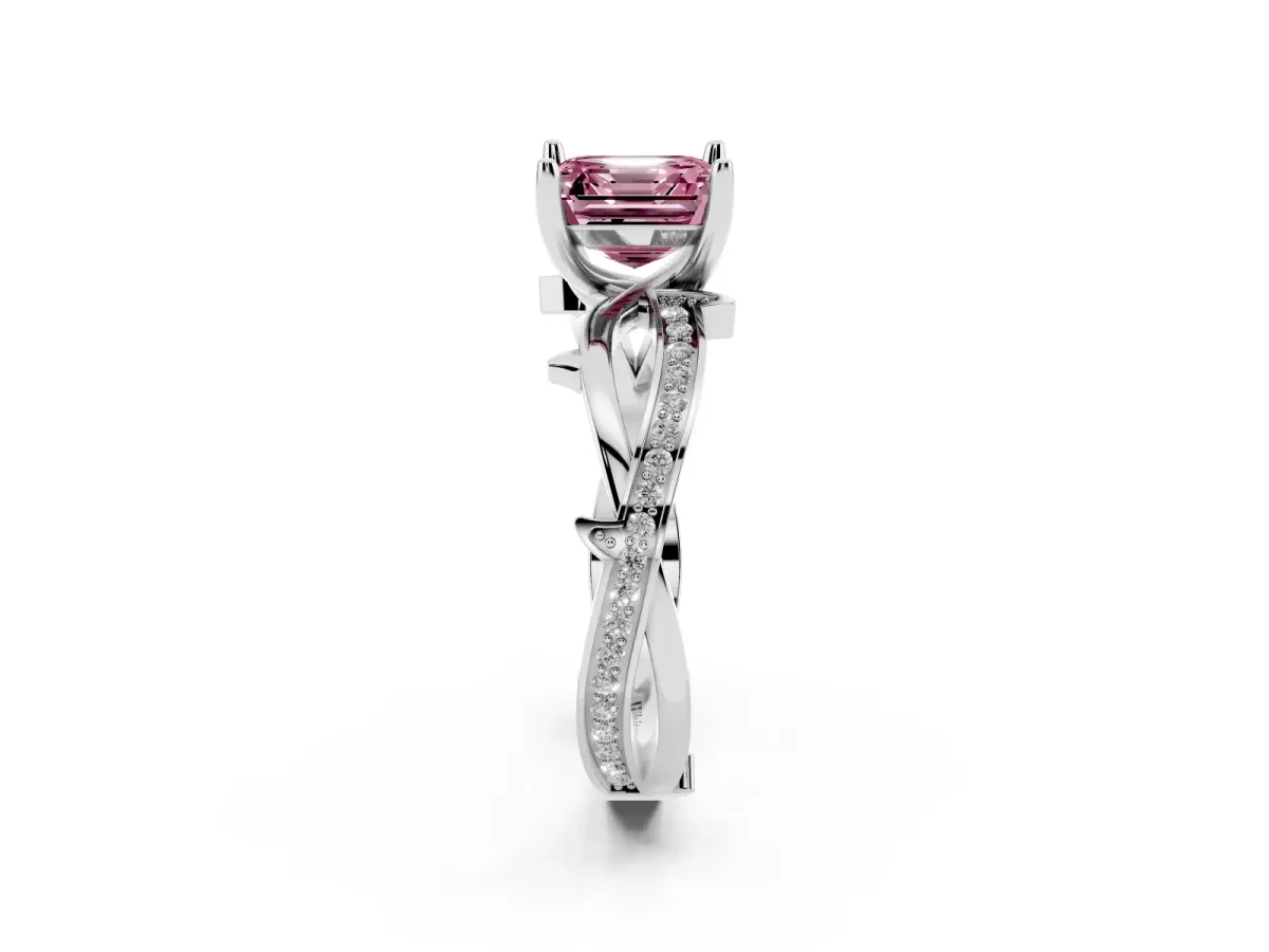 Fancy Pink Asscher Cut Solitaire Twist Band with Pavé Accents and Four-Prong Setting Platinum