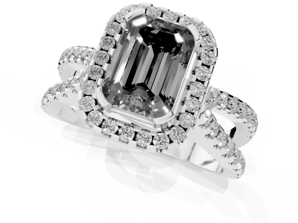 Fancy Black Emerald Cut Diamond Halo Ring with Split Shank Pavé Band and Prong Setting Platinum