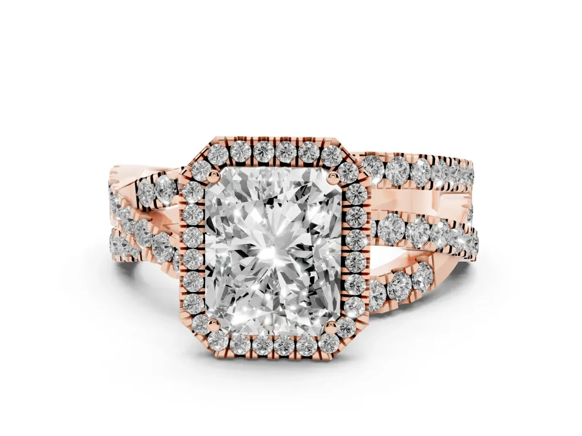 Radiant Cut Diamond Halo Ring with Round Split Shank and Prong Setting Rose gold