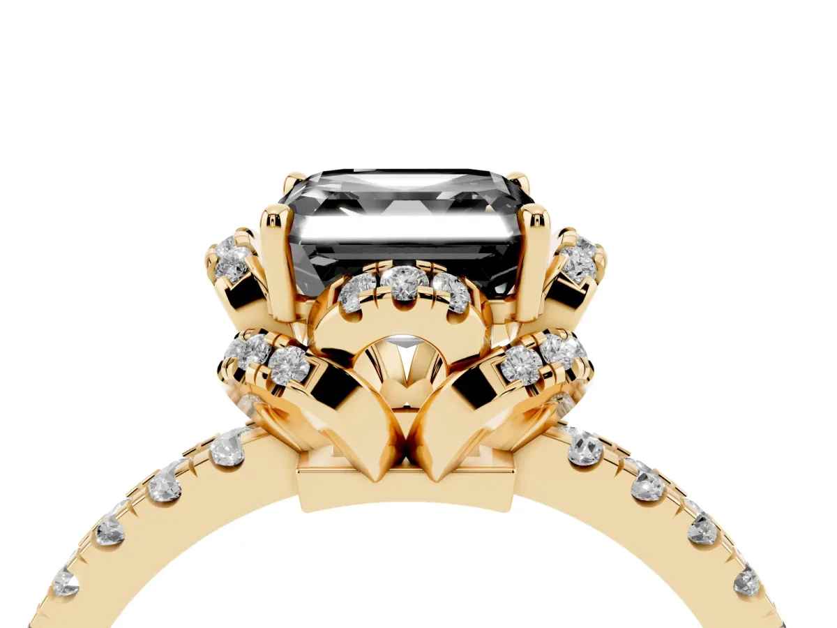 Fancy Black Asscher Cut Diamond Halo Pave Band with Four-Prong Setting Yellow gold