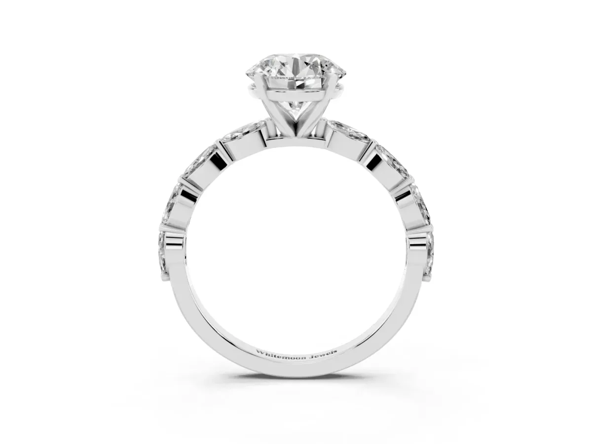 Round Cut Diamond Ring with Marquise Side Stones and Prong Setting Silver