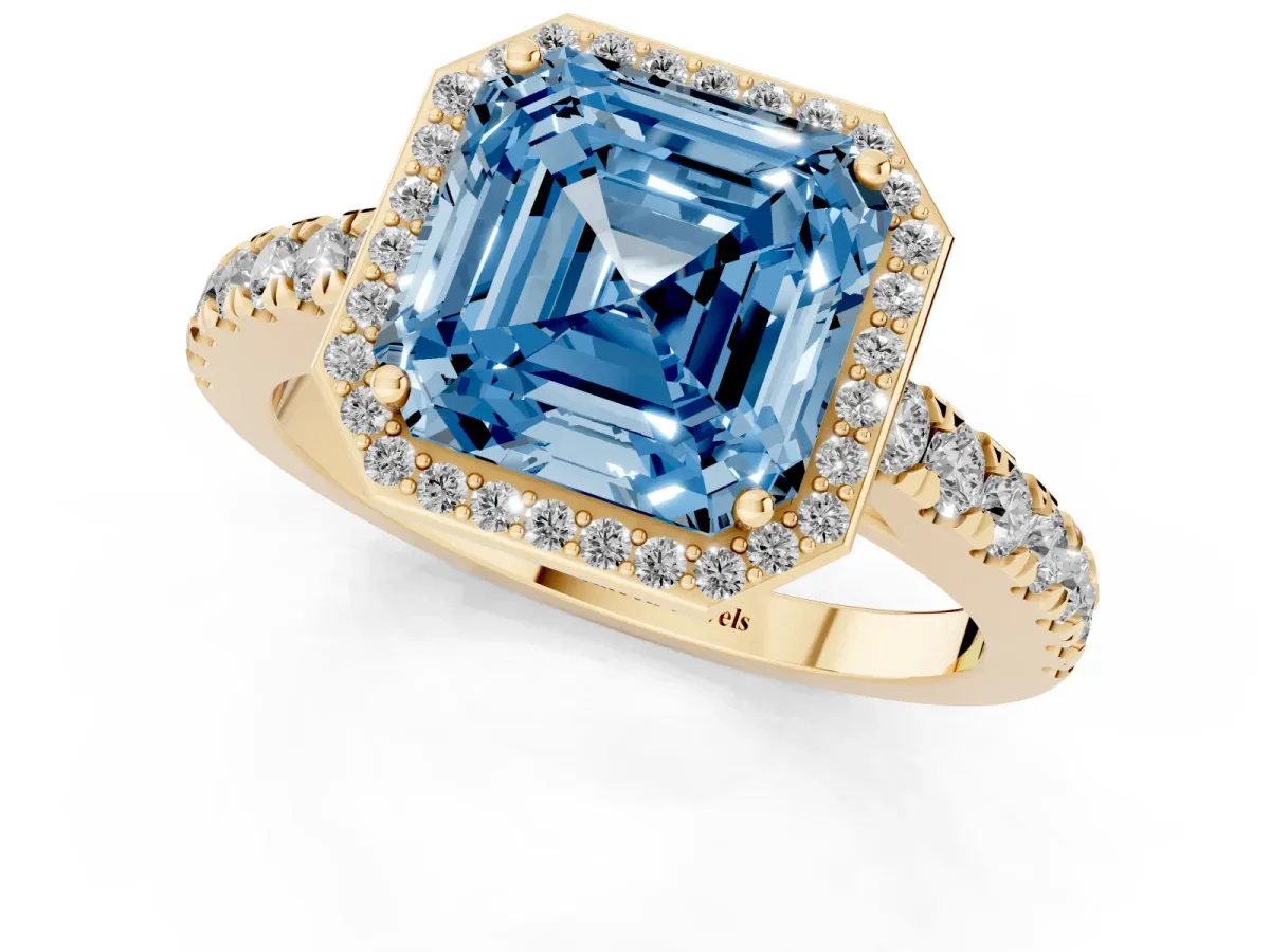 Fancy Blue Asscher Cut Cut Halo Diamond Engagement Ring with Pave Band and Four-Prong Setting Yellow gold